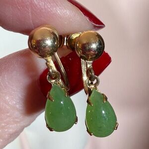 Sorrento art deco gold fill Sterling Vermeil Teardrop Jade Screw back earrings